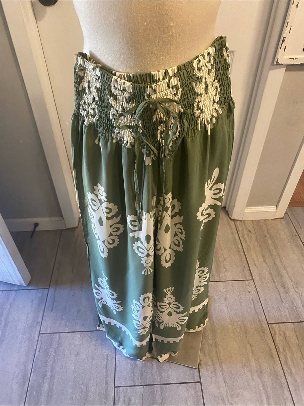 Green Palazzo Pants with White Floral Print
